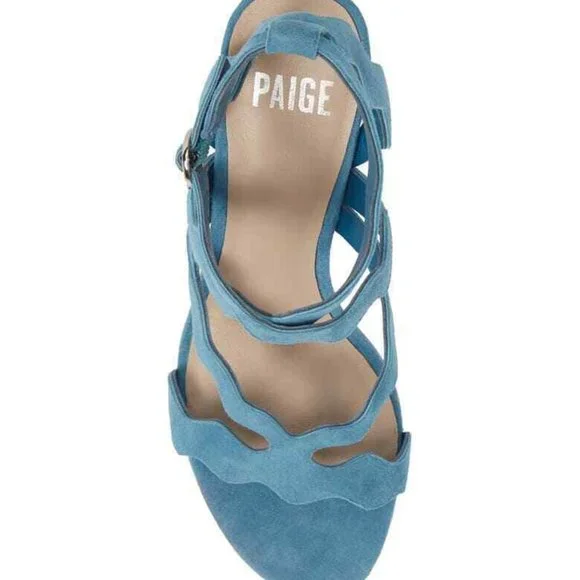 PAIGE Blue Sage Scalloped Strappy Sandals Block Heel Suede 7 NEW - Picture 5 of 12